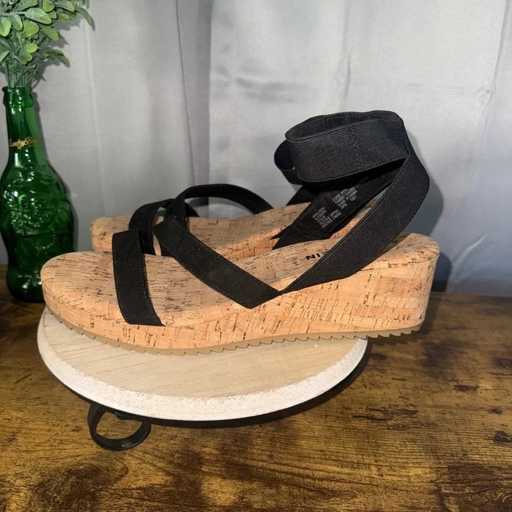 Anne Klein Akalyson Alyson Womens 10.5 M Black Cork Wedge Sandal Beachy Boho